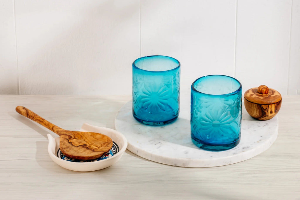 Aqua Etched Glass Tumblers