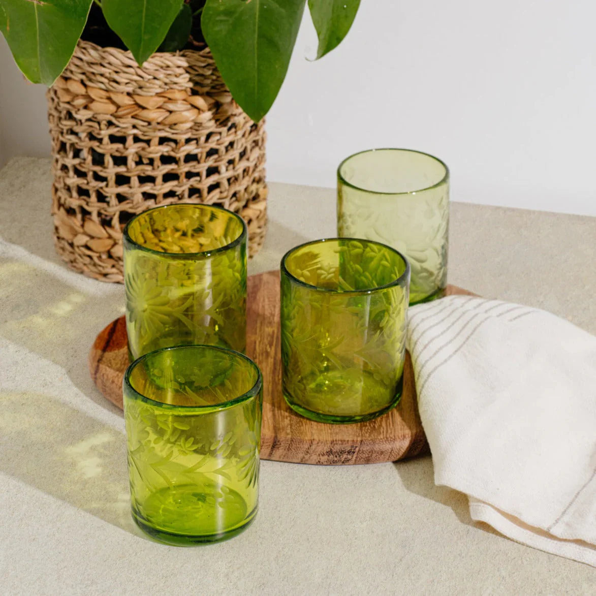 Olive Etched Glass Tumblers